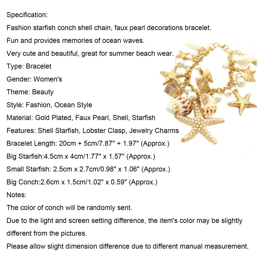 Women Beach Bracelet Cute Adjustable Gold Plated Ocean Faux Pearl Shell Starfish Link Chain Beach Bracelet