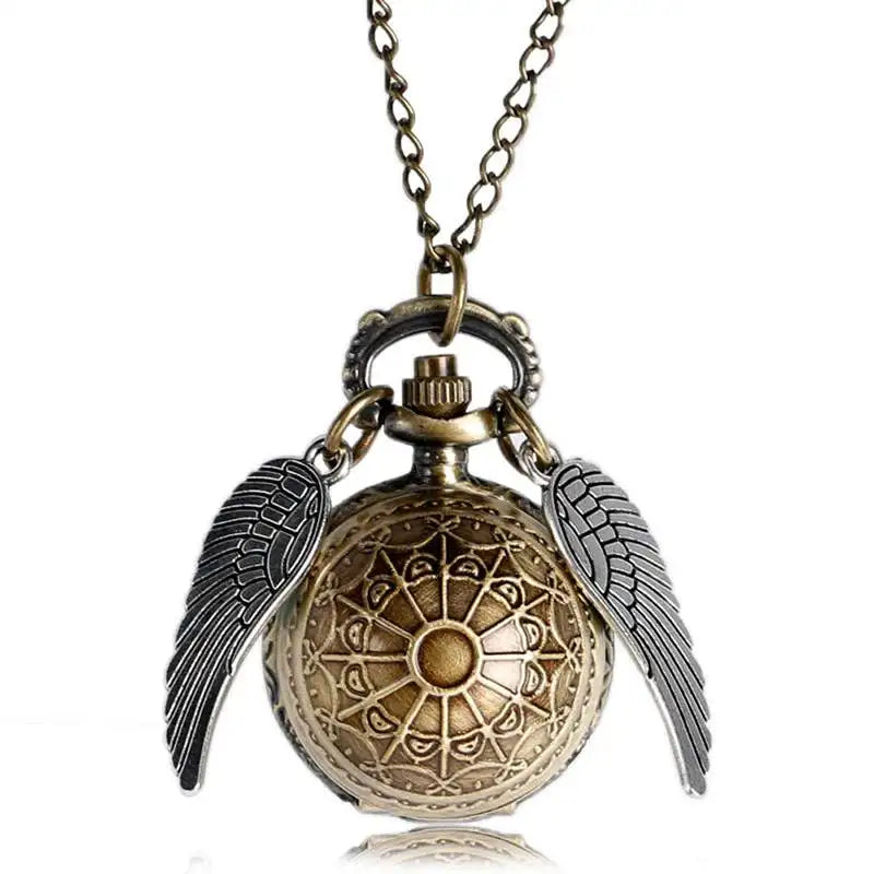 Antique Retro Ball Shaped Quartz Pocket Watch Fashion Sweater Angel Wings Necklace Chain Souvenir Gift for Men Women kids