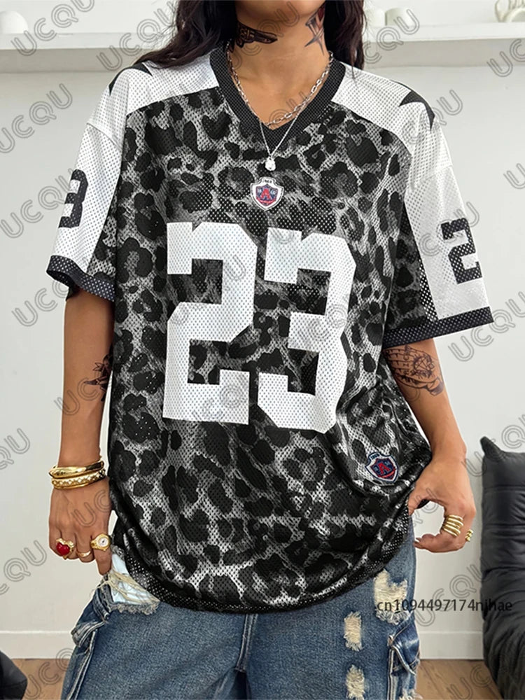 Summer New Leopard No. 23 Print T-Shirt For Women V-Neck Patchwork Short Sleeve Sports Football Jersey Y2K Loose Oversized Tops