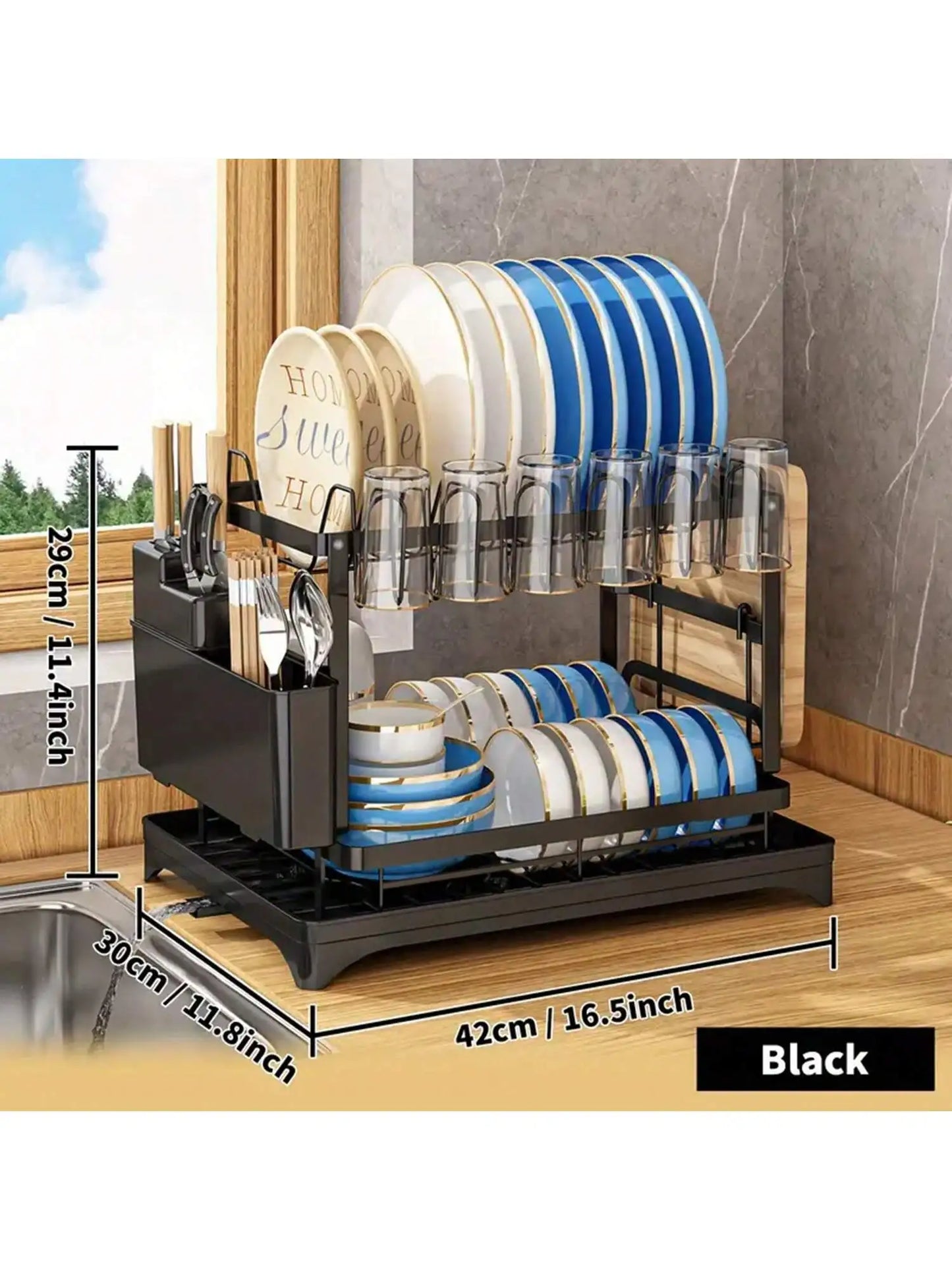Stozle Double-Layer Dish Drying Rack For Kitchen Countertops, With Drainer Tray, Dish Drying Rack, Kitchen Organization And Stor
