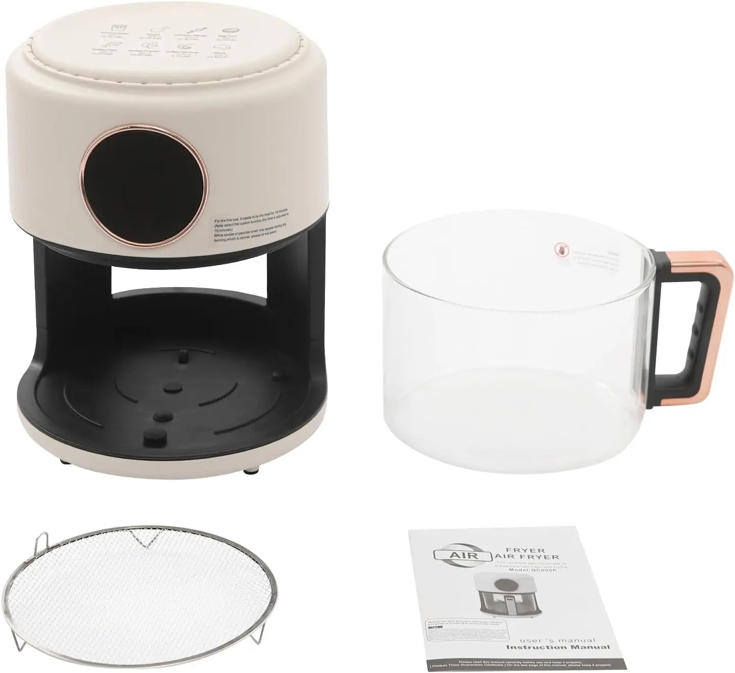 3.81Qt Air Fryer, Portable Glass Air Fryer Compact Smart Air Fryer Oven 8 Preset Modes with Digital Display Fast Preheat for Home Kitchens, Restaurants, Family Gatherings, Outdoor Picnics (White)