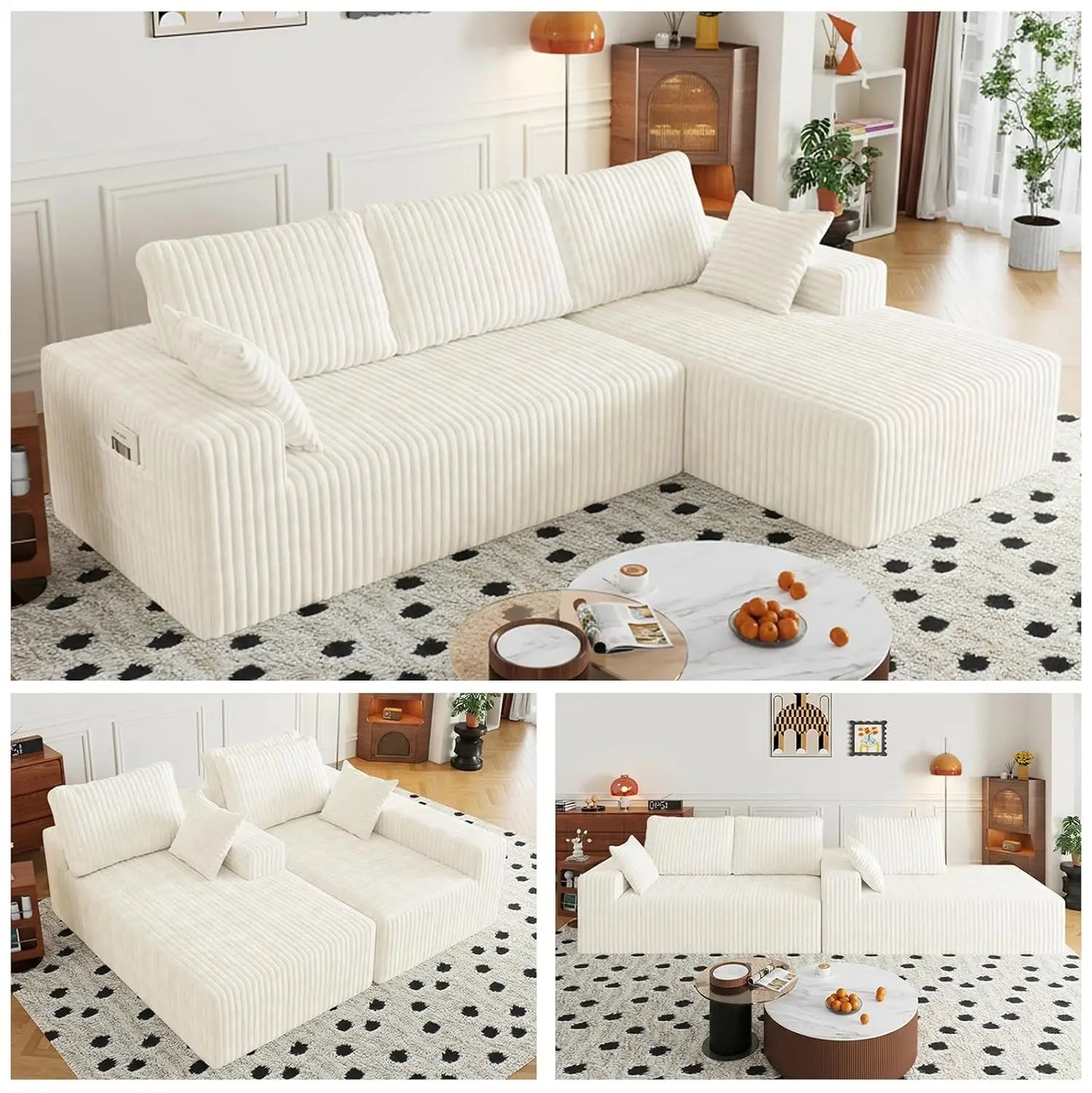 108in Modular Sectional Sofa Chaise Lounge Flannel Fabric Removable Washable Cover Pillow Backrest Living Room 4 Seat Custom