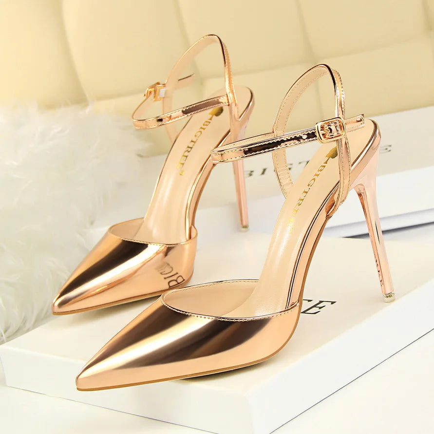 Women High Heels Sandals Metallic Gray Patent Leather Stripper Ankle Strap Wedding Nightclub Pointed Toe Party Valentine 86-1
