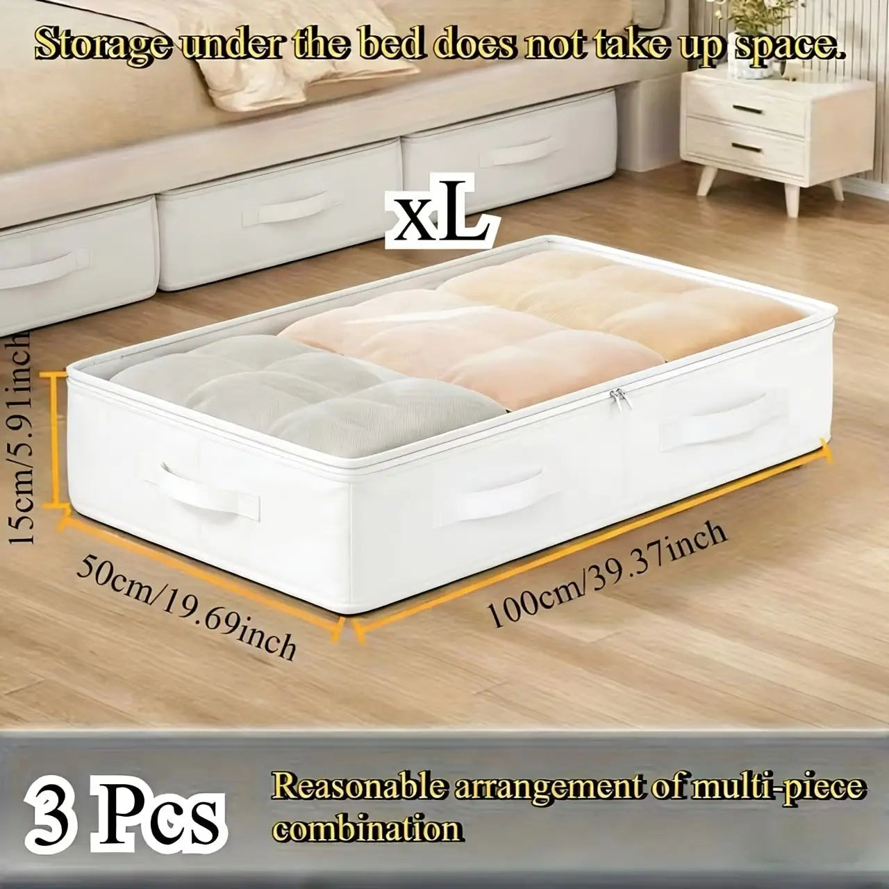 3pcs White Underbed Storage Boxes, Foldable Underbed Organizer Bins, Excellent Function And Versatile Use For Blankets, Skirts,