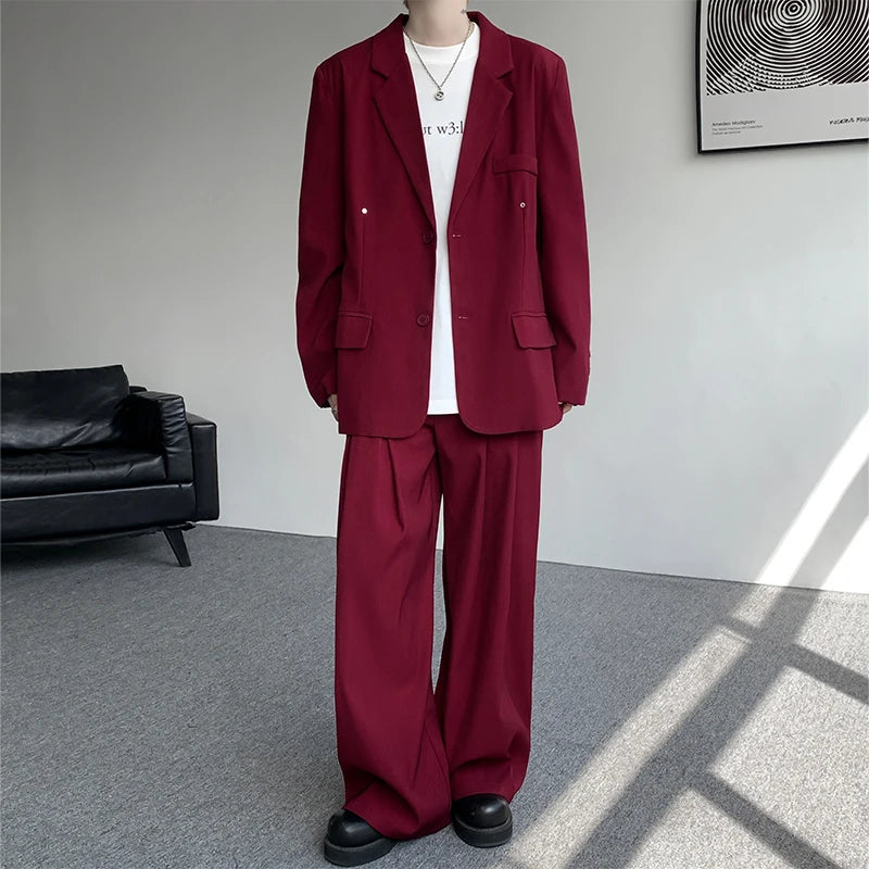 Casual suit set Men Loose fitting 2 piece suit Shoulder pads Trend Streetwear Korean 2025 NEW suit jacker+suit pants