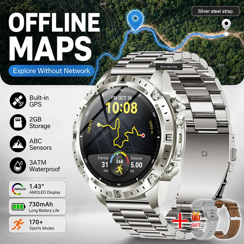 New Outdoor GPS Offline Map Smart Watch Men 3ATM Waterproof 170+ Sports LED Compass Altimeter AMOLED Bluetooth Call Smartwatch