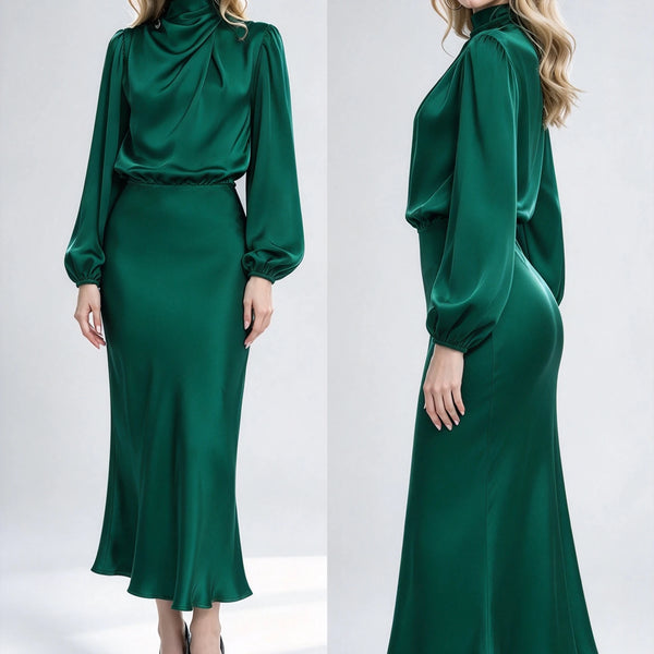 Draped High-Neck Satin Midi Dress