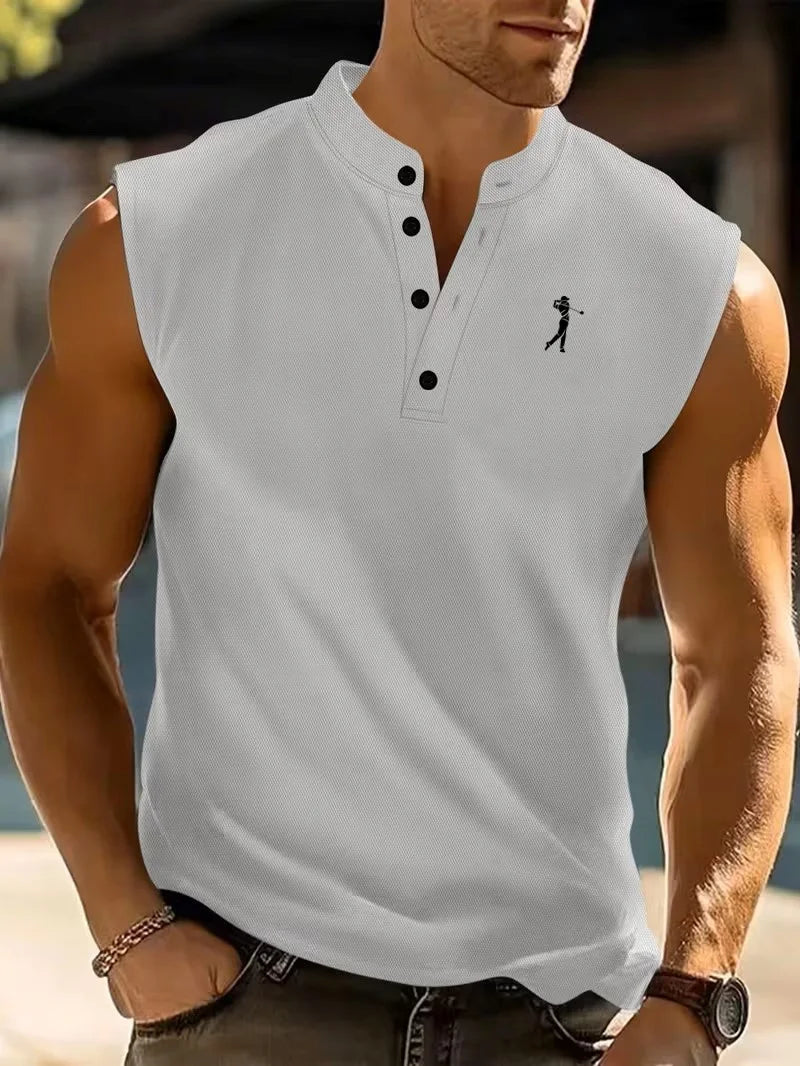 Summer Men's Casual Sleeveless Polo Shirt Golf Embroidery Stand Collar Button Tank Top for Sports
