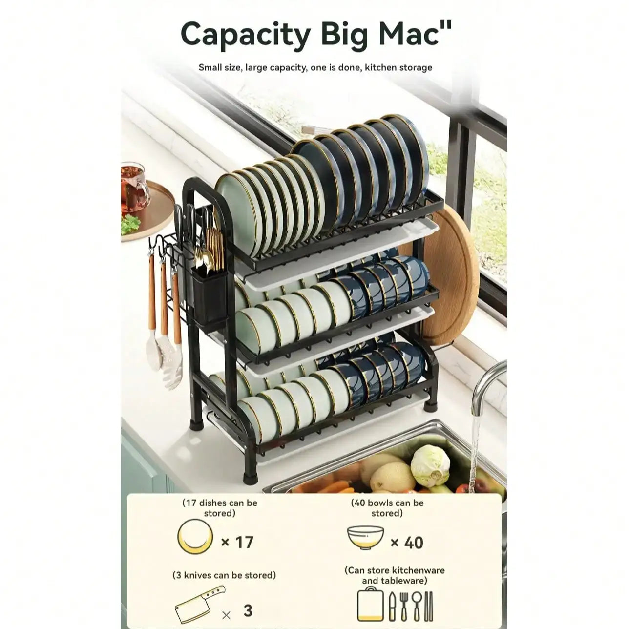 3-Tier Dish Drying Rack, Large Capacity Dish Drainer Rack With Removable Drain Tray, Kitchen Countertop Organizer For Plates Bow