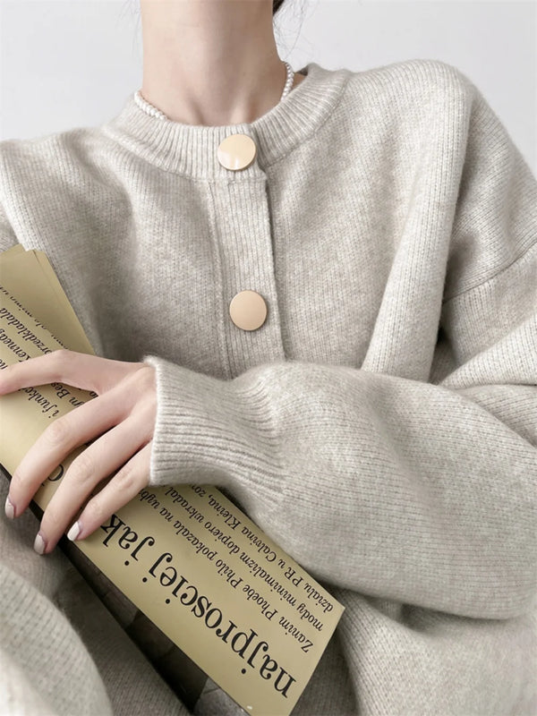 Button-Front Crewneck Knit Cardigan
