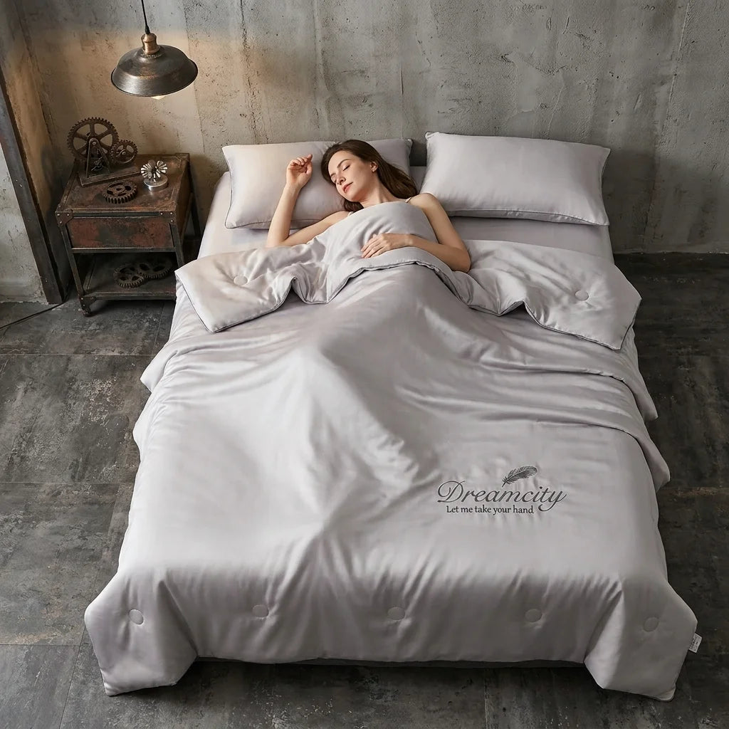 Embroidered Ice Silk Summer Cooling Quilt – Ultra Soft Breathable Nap Comforter, Queen/King Size, Lightweight Skin-Friendly Air Conditioner Blanket, Perfect for Hot Sleepers