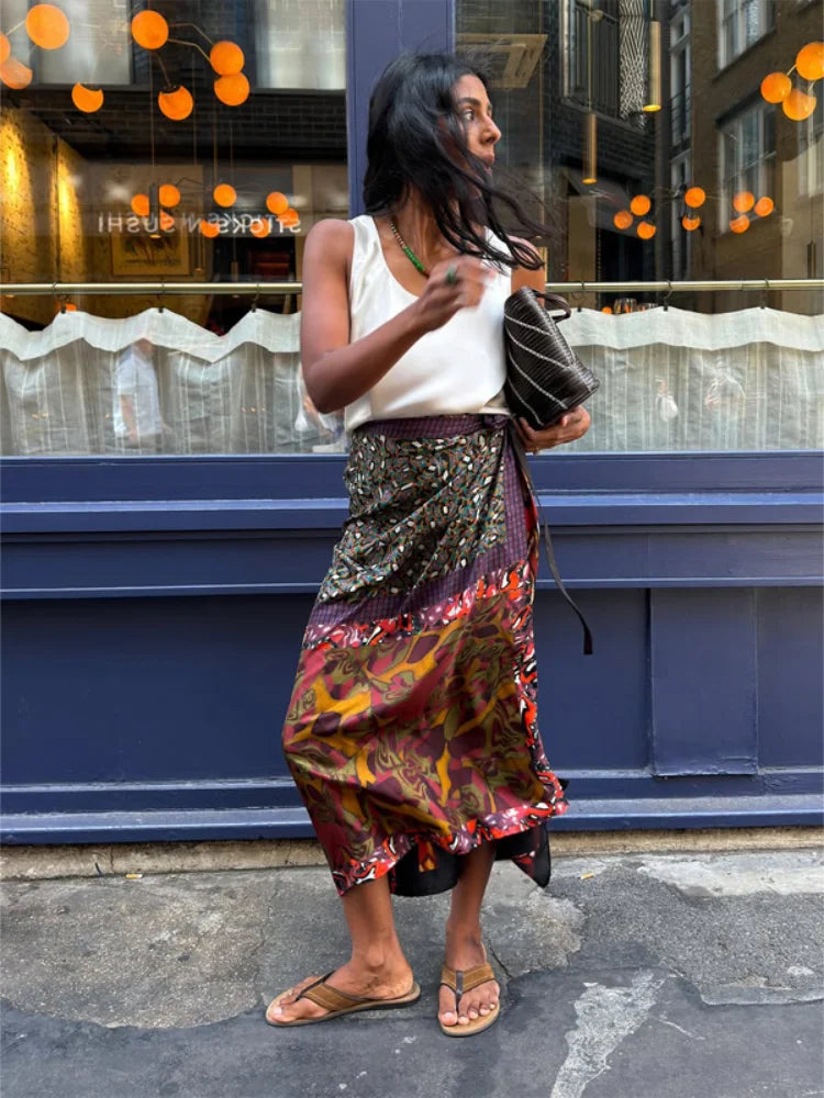 Printed Satin Wrap Midi Skirt