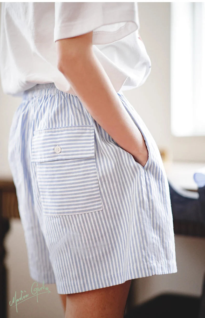 Maden Women's Blue White Striped Shirt and Shorts Sets Loose Casual French Classic Summer Suit Elegant Matching Two Piece Set