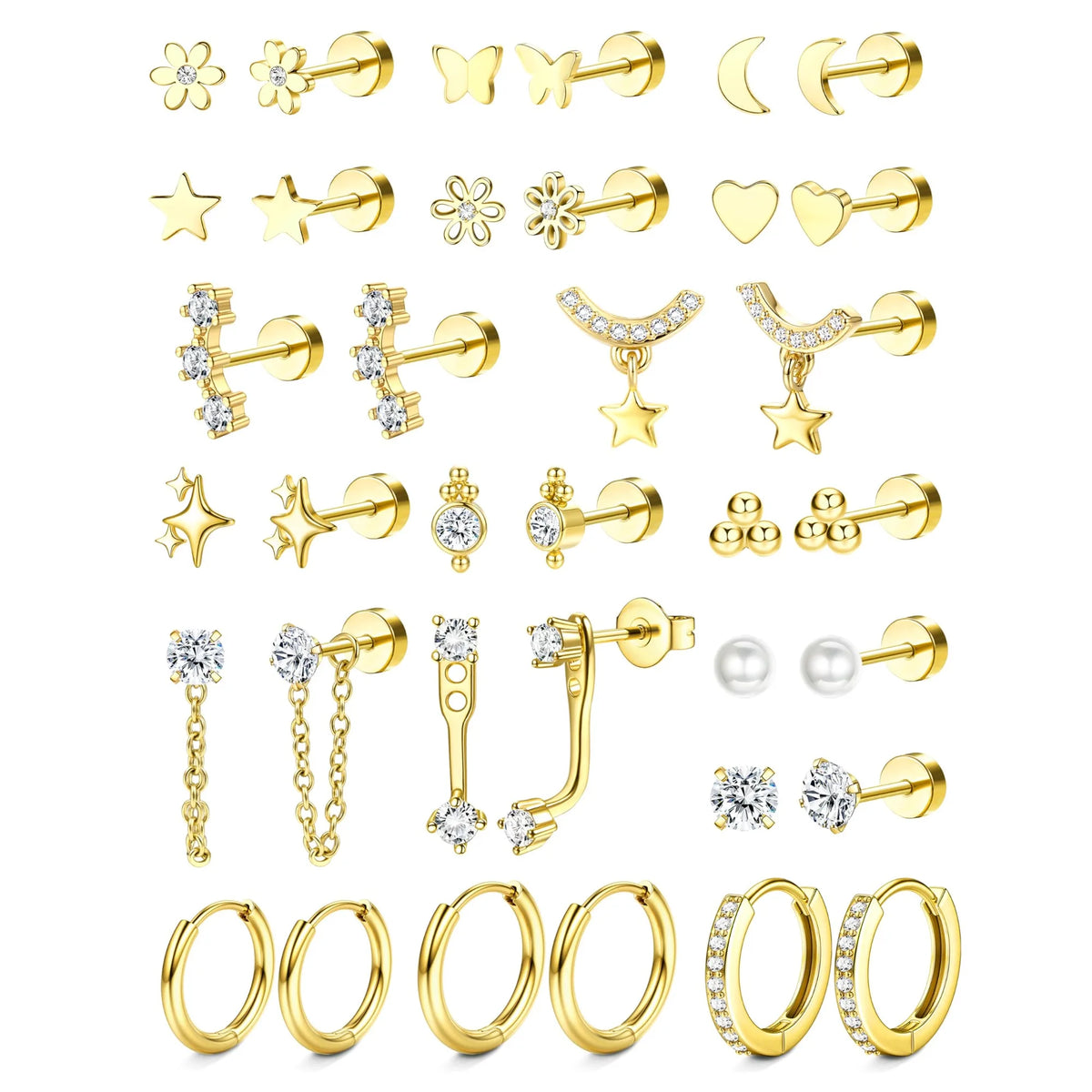 Flat-Back Earring Set — 18 Pairs