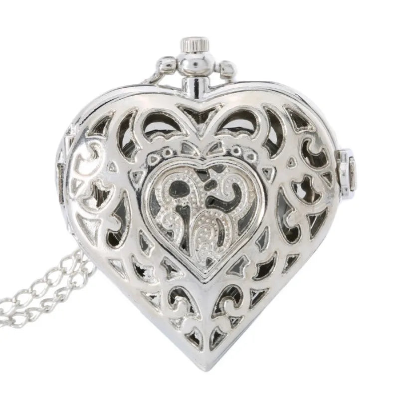 Romantic Silver Heart Shape Design Necklace Pendant Exquisite Quartz Pocket Watch FashionGift Fashion Clock For Female Ladies