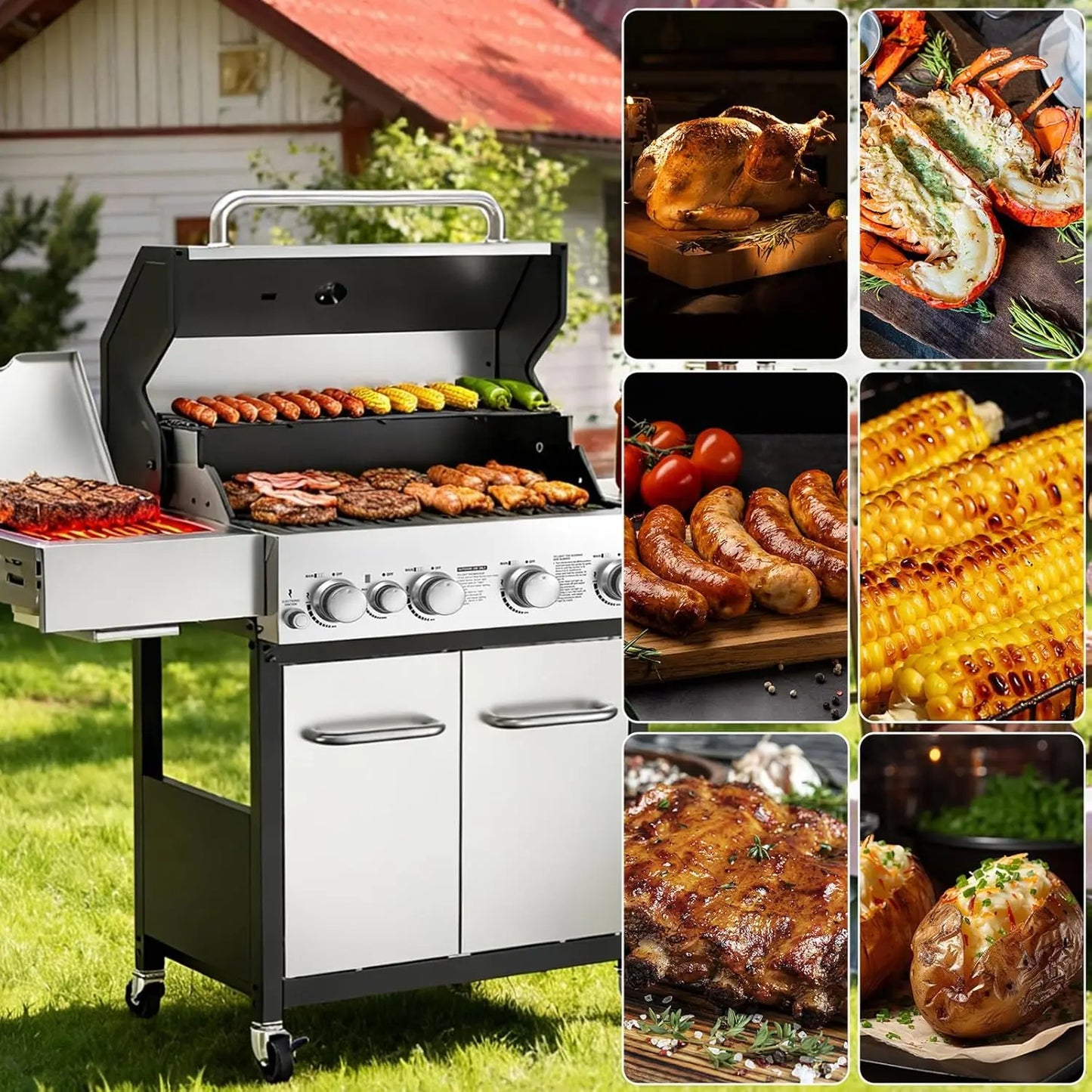 4 Burner Gas Grill with Side Burner, 4 Burner Outdoor Cooking Grill with Infrared Side Burner, Outdoor BBQ Grill, Customized
