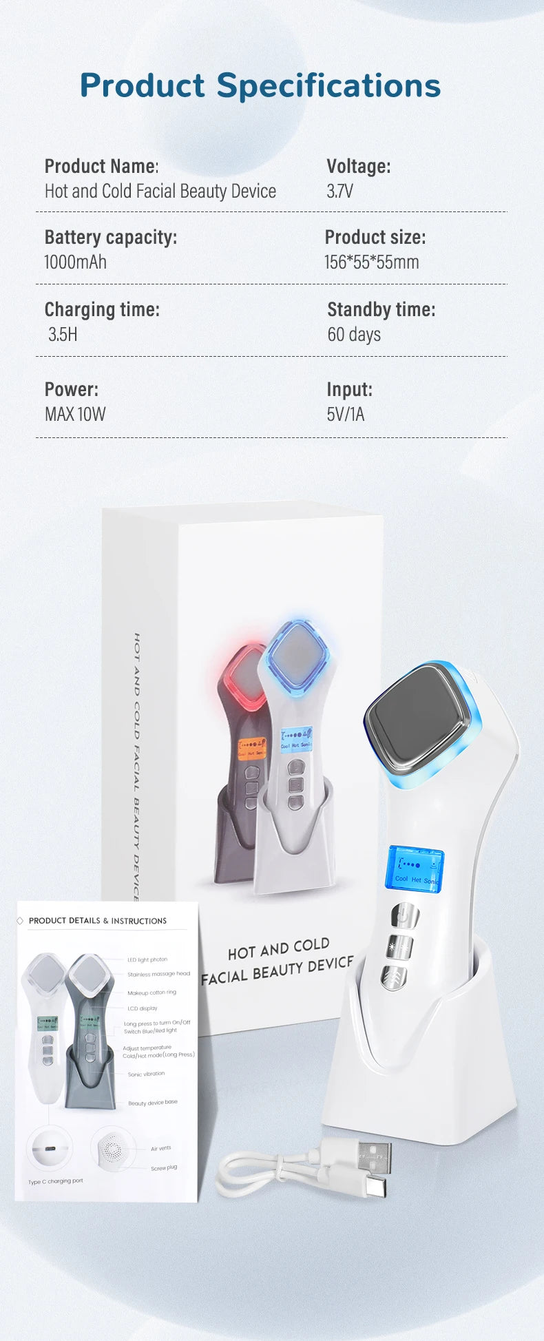 Hot & Cold Face Beauty Device with Red Blue Light Sonic Vibration Deep Cleansing Anti Aging Facial Lifting Massager for Home Use