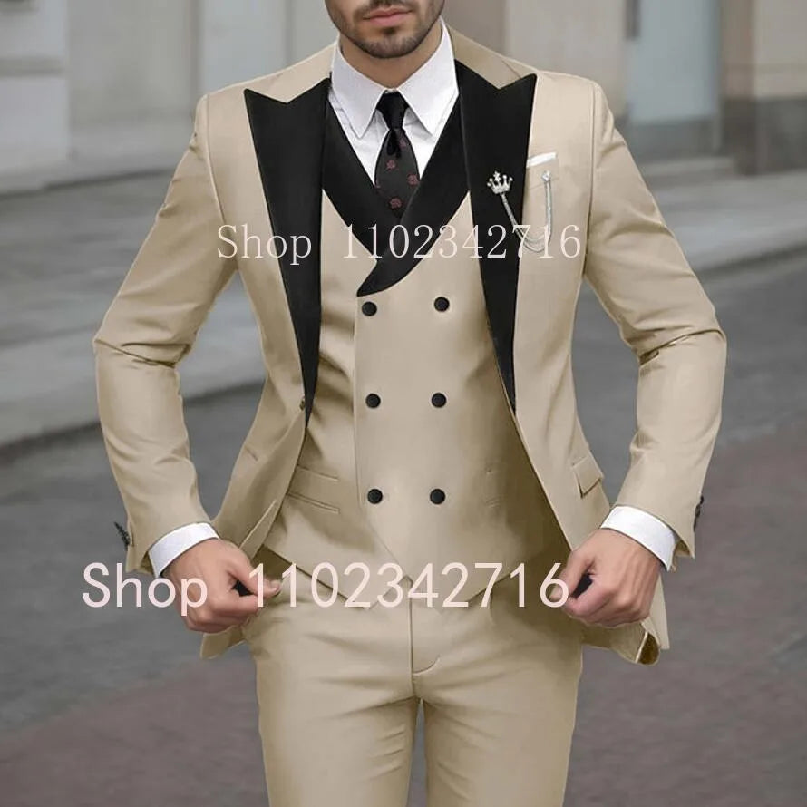 New Classic Beige Single Breasted Suits For Men Black Lapel Slim Fit Wedding Suit Groomsmen Formal Prom Party Suits 3 Piece Sets