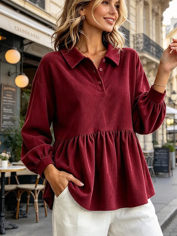 Pleated Long-Sleeve Collared Blouse