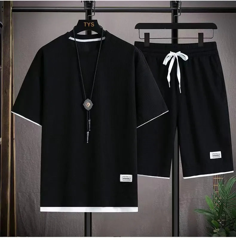 Waffle Men's Summer Short Sleeve And Shorts Two Piece Sets Sports Casual Tracksuit Men Comfortable Cool Shorts Oversized Set