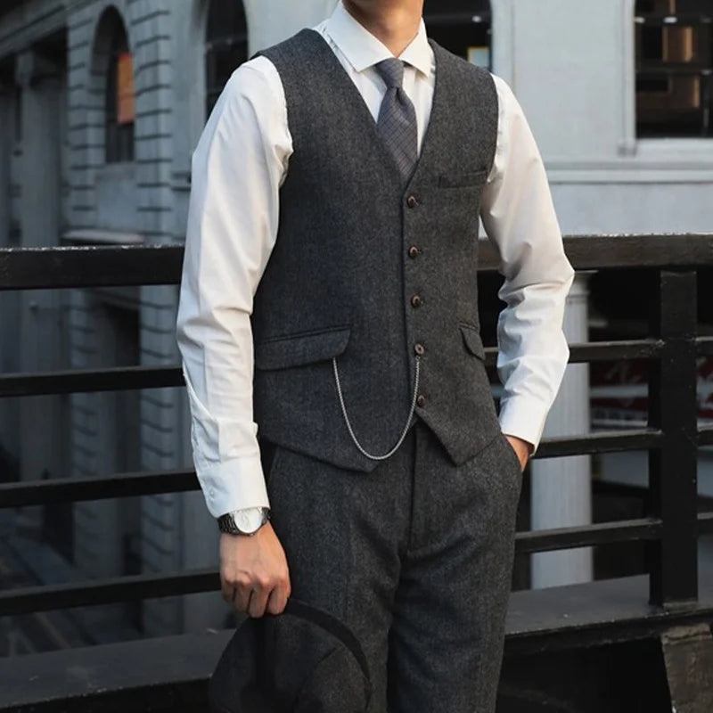 Retro British Yuppie Gentleman's Peaky Blinders Style Wool Tweed Herringbone Slim-Fit Suit Three-Piece Suit