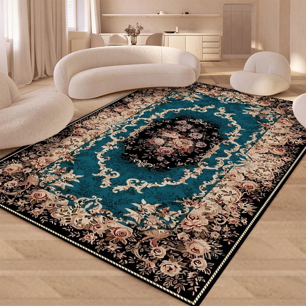 European Retro Floral Large Carpet for Living Room Luxury Decoration Rug Non-slip Bedroom Cloakroom Washable Soft Mat
