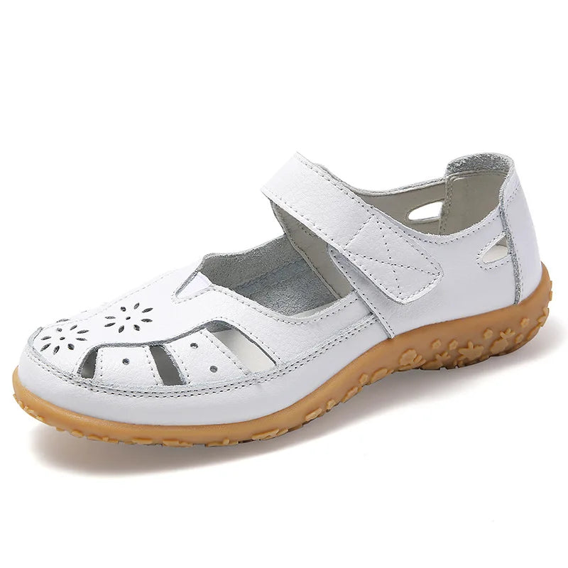 WOIZGIC Female Ladeis Mother Women's Genuine Leather Loater Flats Sandals Shoes Summer Cool Soft Outside Beach