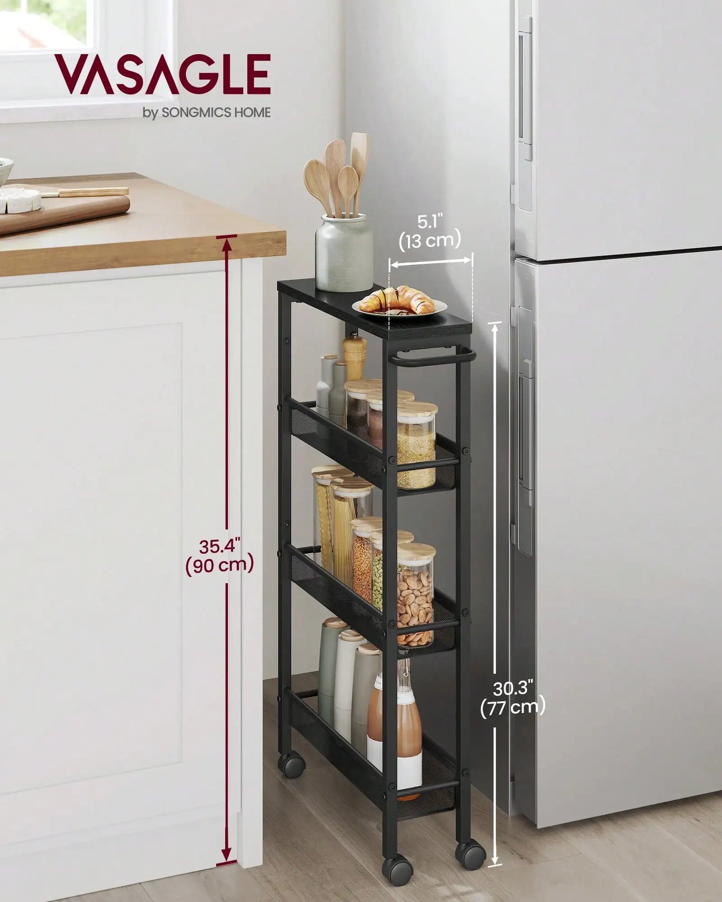 VASAGLE Slim Rolling Cart, 4-Tier Narrow Storage Cart With Handle, 5.1 Inches Deep, Metal Frame, For Kitchen, Dining Room, Livin