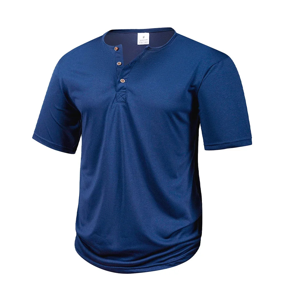 Men's Casual Henry T Shirt Summer Brown Button Solid Color Polo Short Sleeve Breathable Comfortable Sports Loose T-shirt