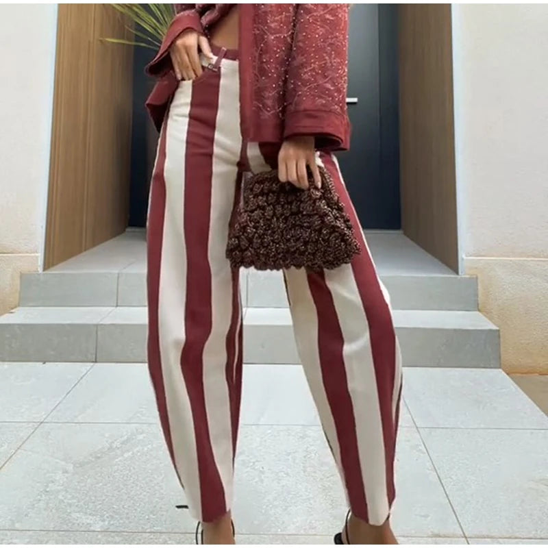 Striped Button-Front Curved-Leg Pants