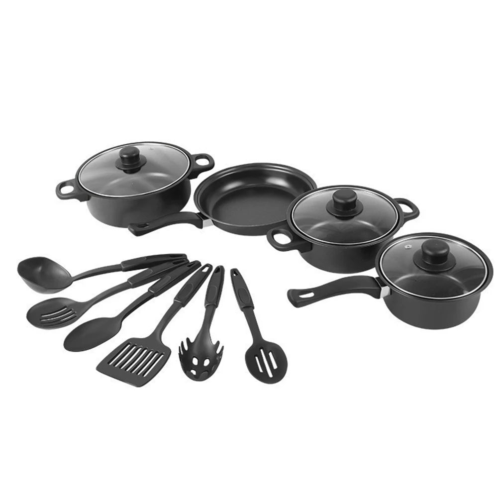 12Pcs Non Stick Cookware Set Milk Pot Maifan Stone Frying Pan with Lid Cooking Pot Set Stackable Pot Set for All Hob