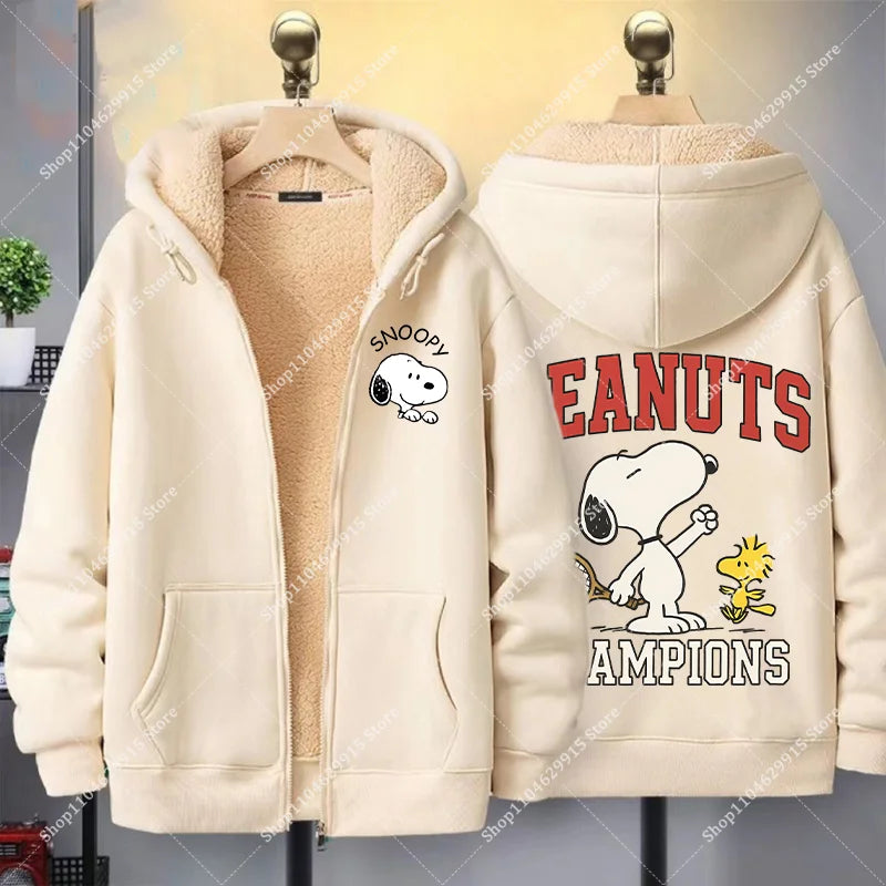 Snoopys Jacket Autumn Winter Cartoon Anime Coats Thickened Fleece Warm Hooded Men Women Couple Hooded Sweatshirt Birthday Gift