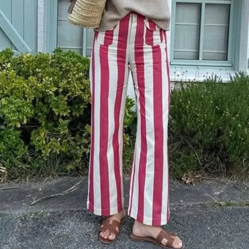 Red Striped Straight-Leg Pants