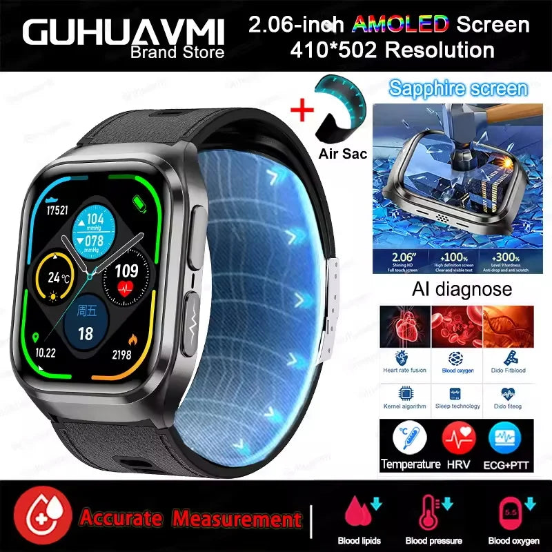 2026 New Upgrade AI Diagnostic Airbag Precise Blood Pressure Health SmartWatch Uric Acid ECG Blood lipids Smartwatch Men Women