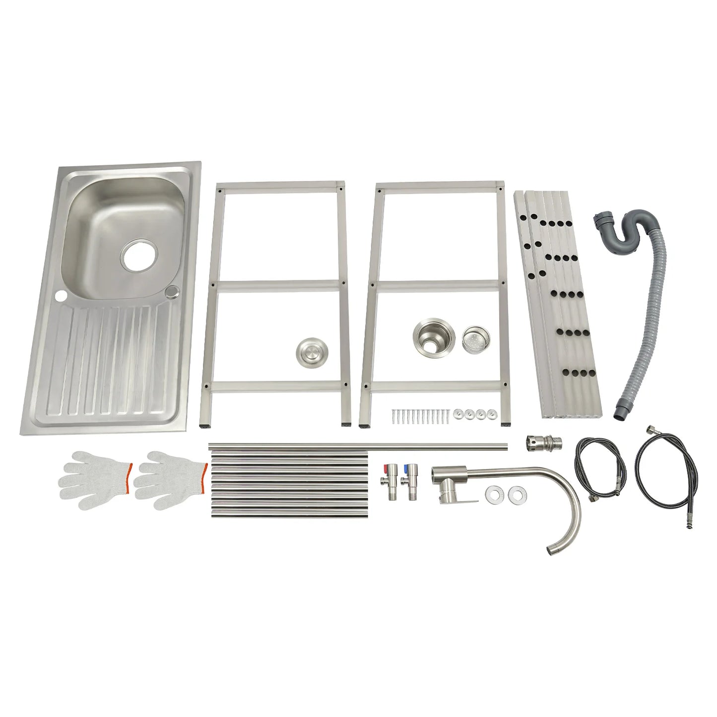 Stainless Steel Freestanding Outdoor Kitchen Sink with Faucet Worktable and Storage Rack Cold Hot Water Adjustable Feet