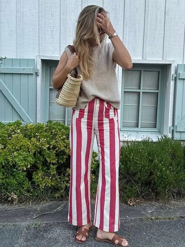 Pinstripe High-Waisted Flared Trousers