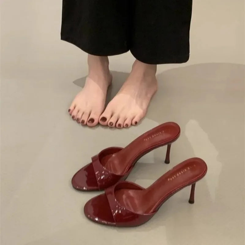Wine Red Patent Leather Women Slippers Sandals Fashion Round Open Toe Thin High Heels Mules Slides Summer Party Dress Shoes