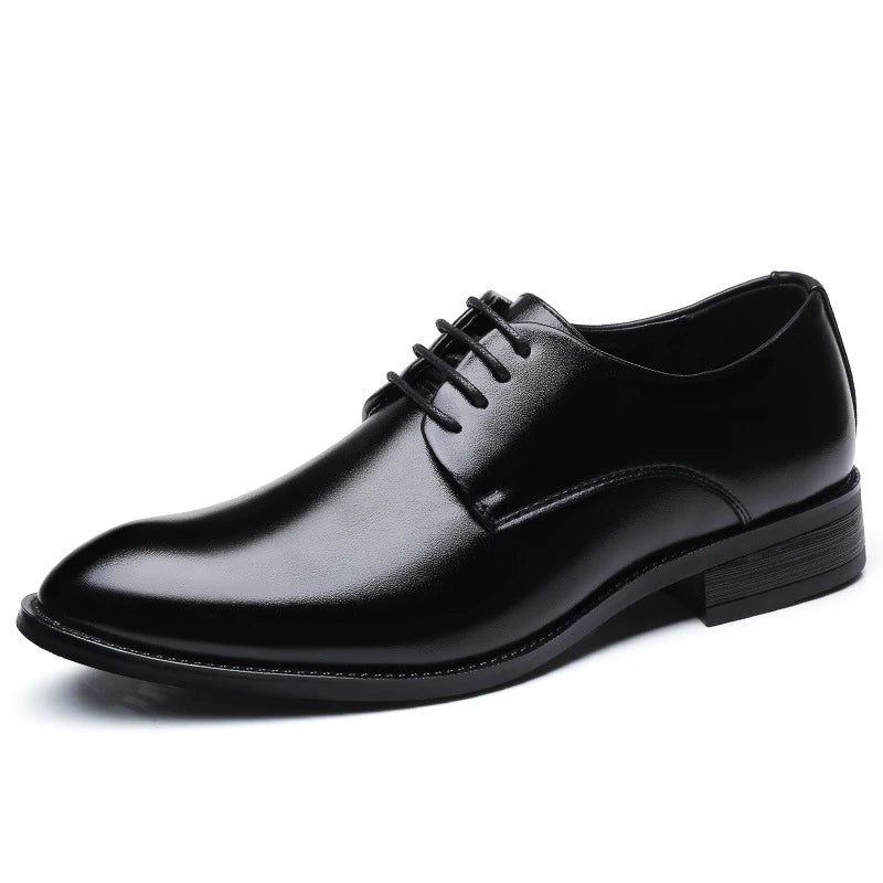 Mens Breathable Leather Dress Shoes Formal Business Footwear Pointed Toe Lace Up Flat Sole Groom Wedding Shoes Simple Leisure