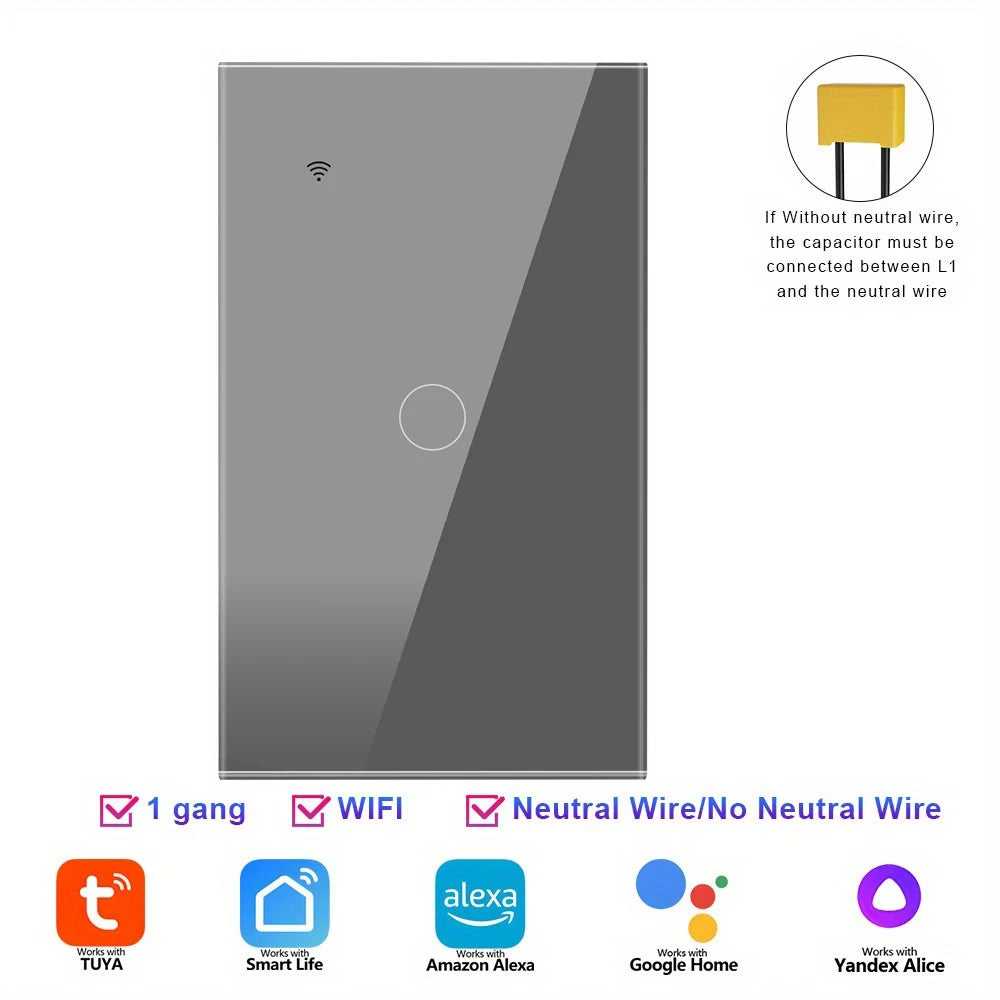 Smart WiFi Switch Single Neutral Wire Universal Touch Control Tuya APP Alexa Google Home Compatible Gold Gray