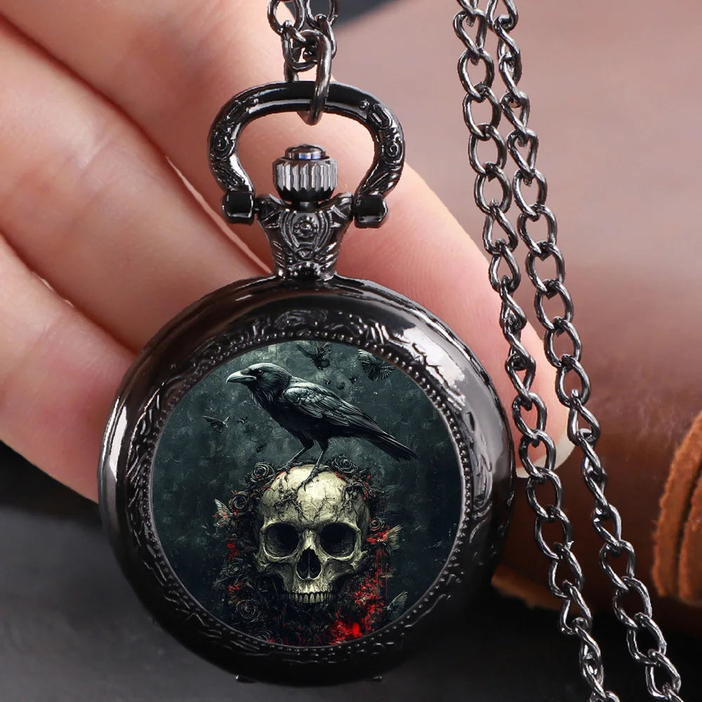 Gothic Design Black Raven Pocket Watch with Necklace Alloy Case & Band,Quartz Movement, Non-Waterproof Watch for Men Women Kids