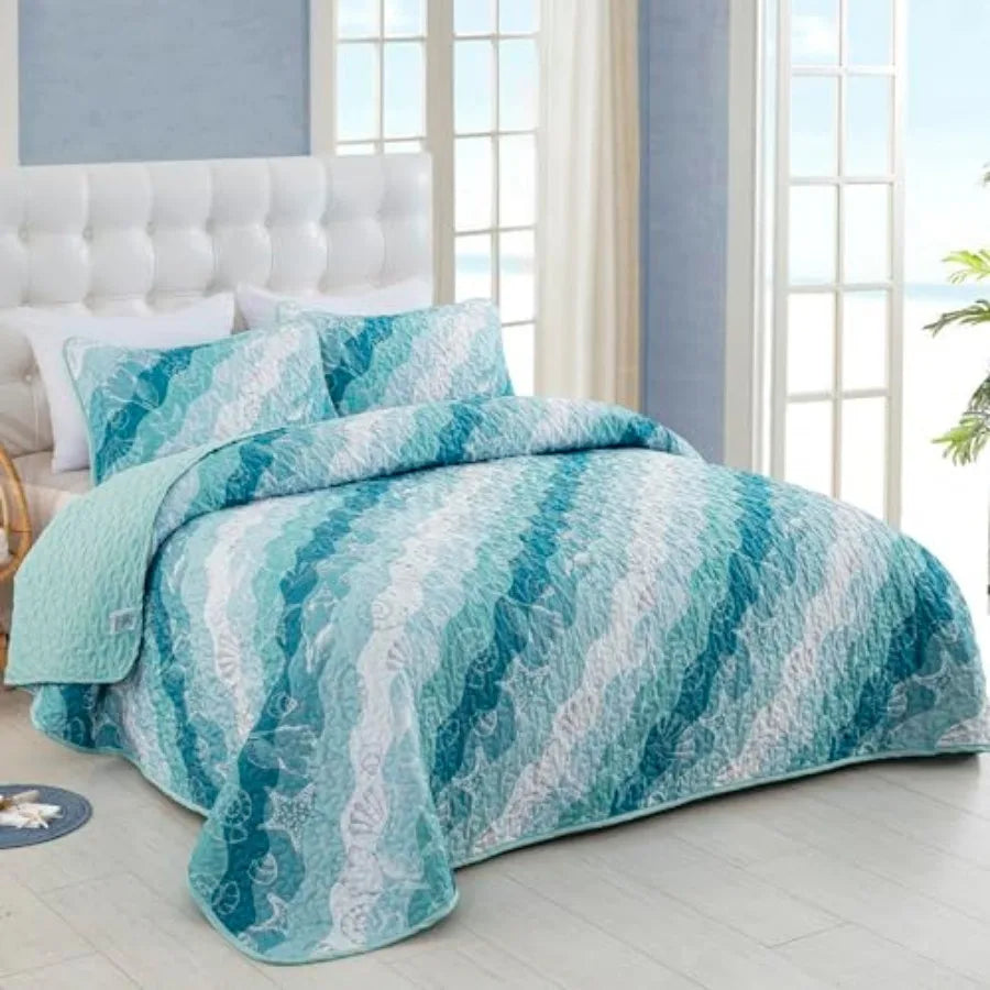 Summer Quilt Set Size Ocean Beach Themed Bedding Set Seawave Seashell Conch Starfish Microfiber Lightweight Bedspread Coverlet