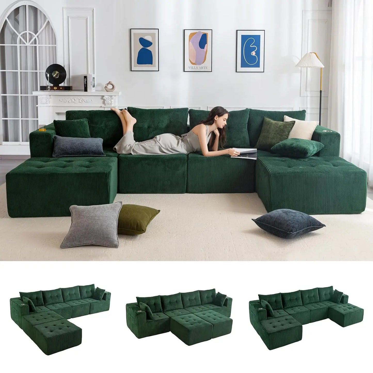 129.5" U Shaped Modular Sectional Sofa 2 Ottomans Tufted 6 Seat Cloud Sleeper Chair Living Room No Assembly, Custom