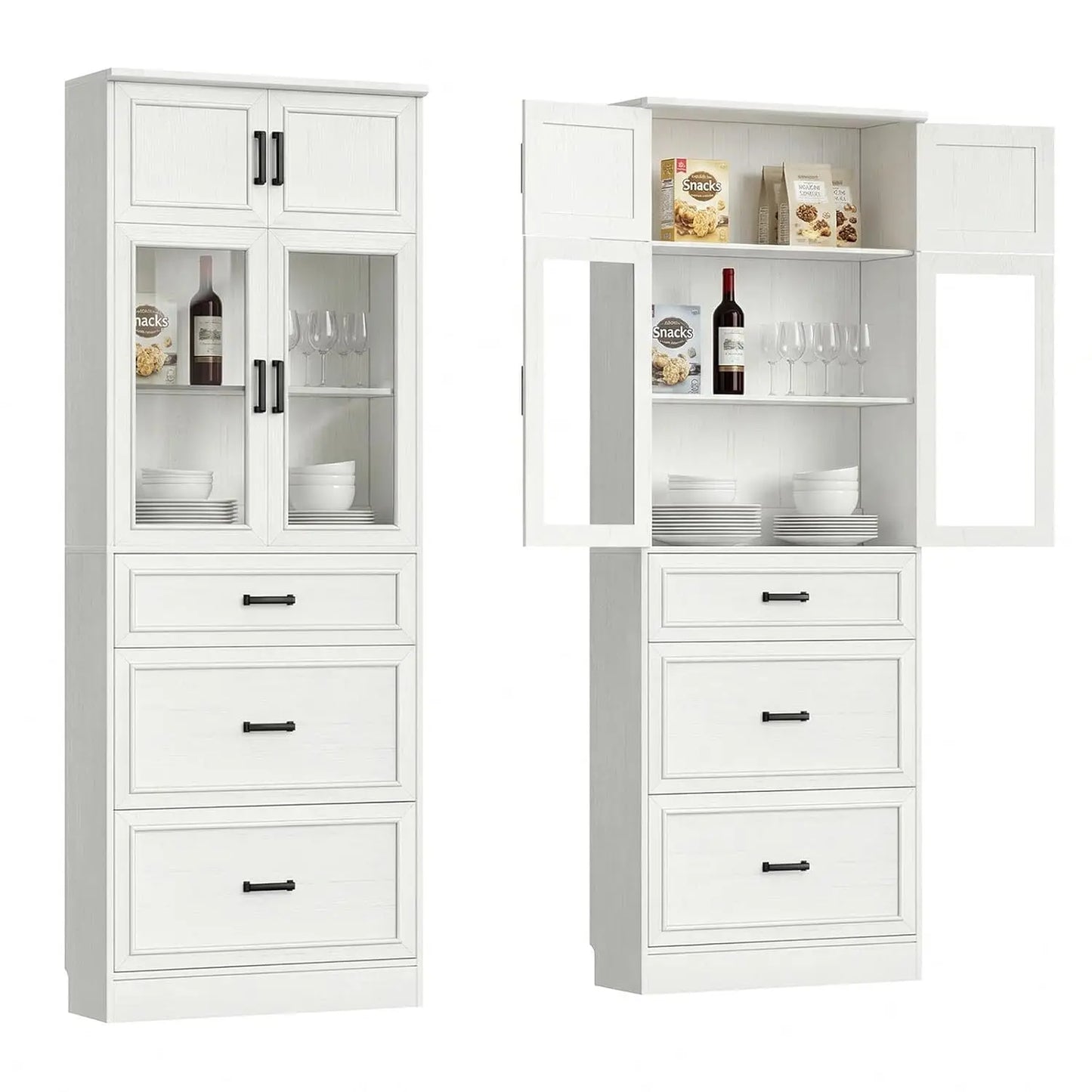 80" Tall Kitchen Pantry Storage Cabinet with Glass Doors, Adjustable Shelves & 3 Drawers, Versatile Tall Storage, Custom