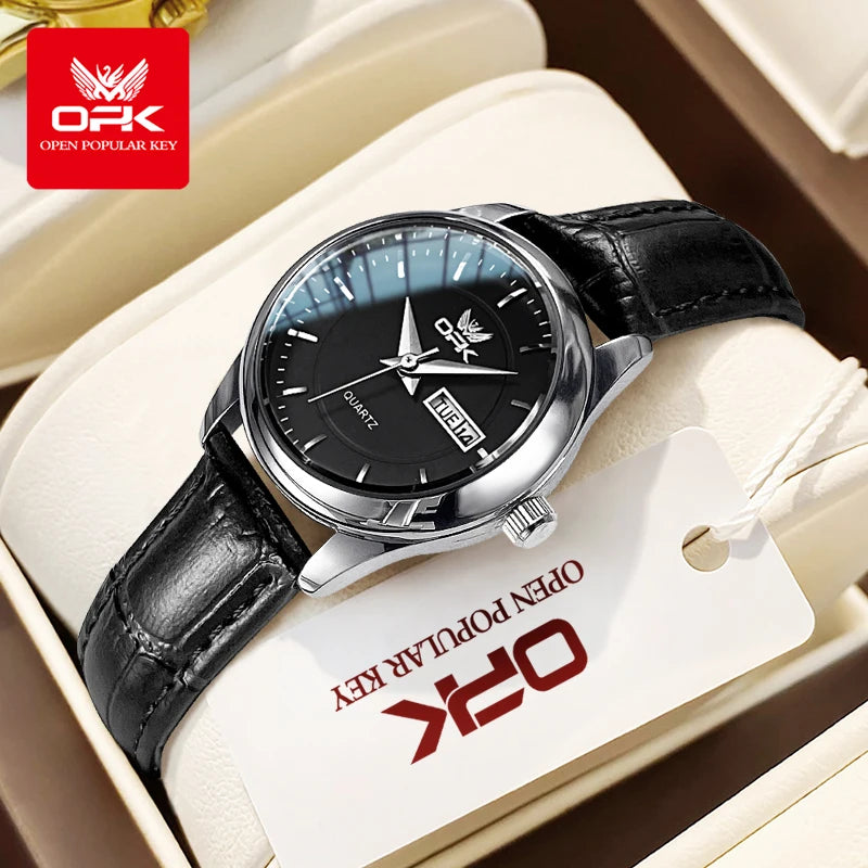 OPK 6022 Women's Watches Elegant Fashion Small Quartz Wristwatch for Ladies Waterproof Leather Strap Dual Calendar Display