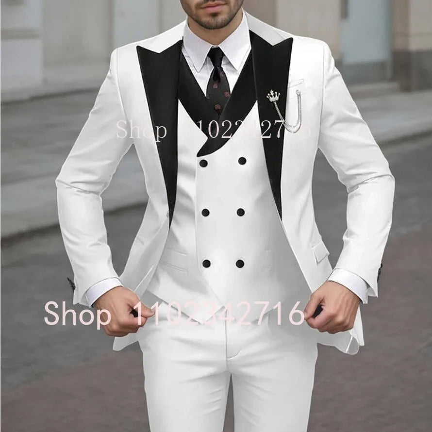 New Classic Beige Single Breasted Suits For Men Black Lapel Slim Fit Wedding Suit Groomsmen Formal Prom Party Suits 3 Piece Sets