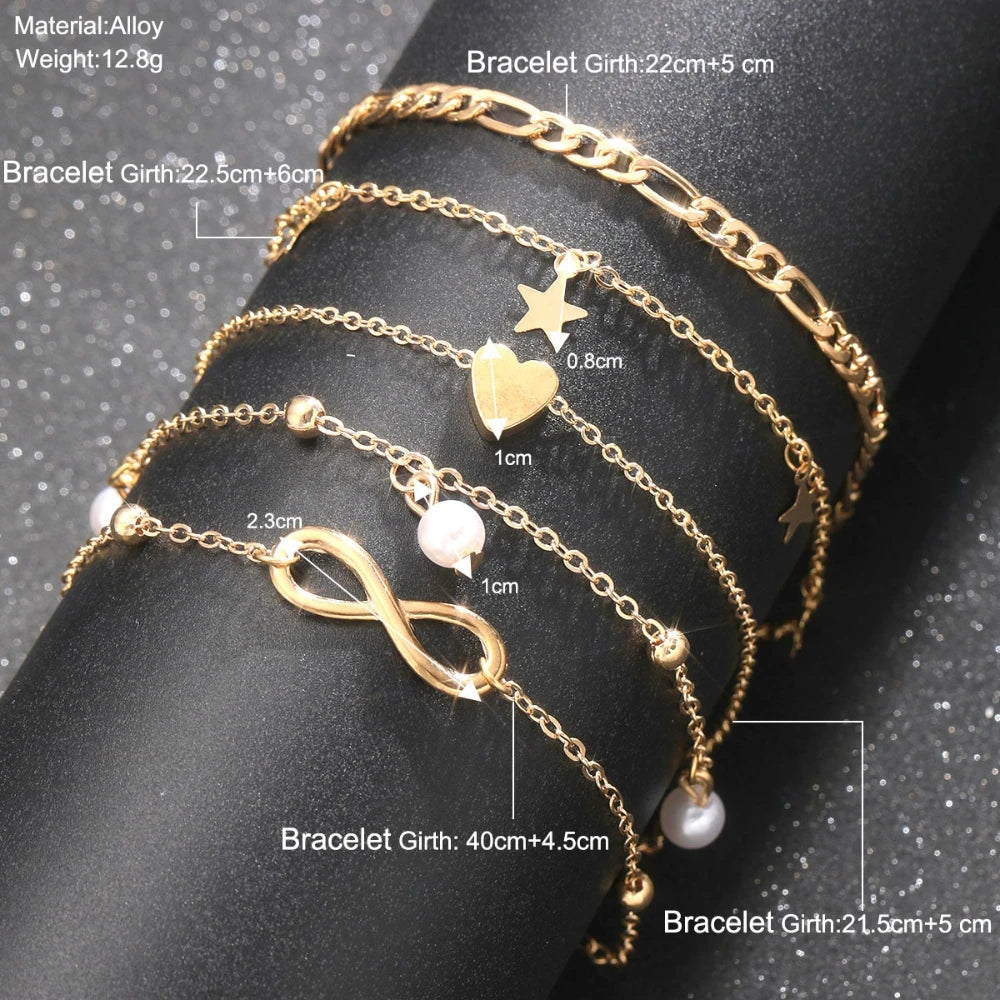 5pcs Boho Summer Beach 8 Infinite Charm Anklet Set Women Chain on Leg Pearl Butterfly Star Heart Pendant Anklet Vintage Jewelry