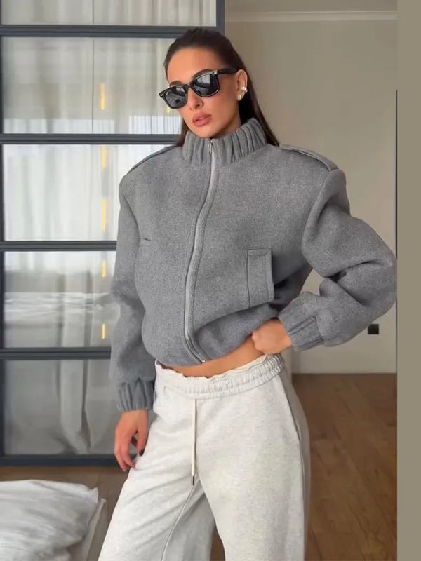 Cropped Stand-Collar Zip-Up Jacket