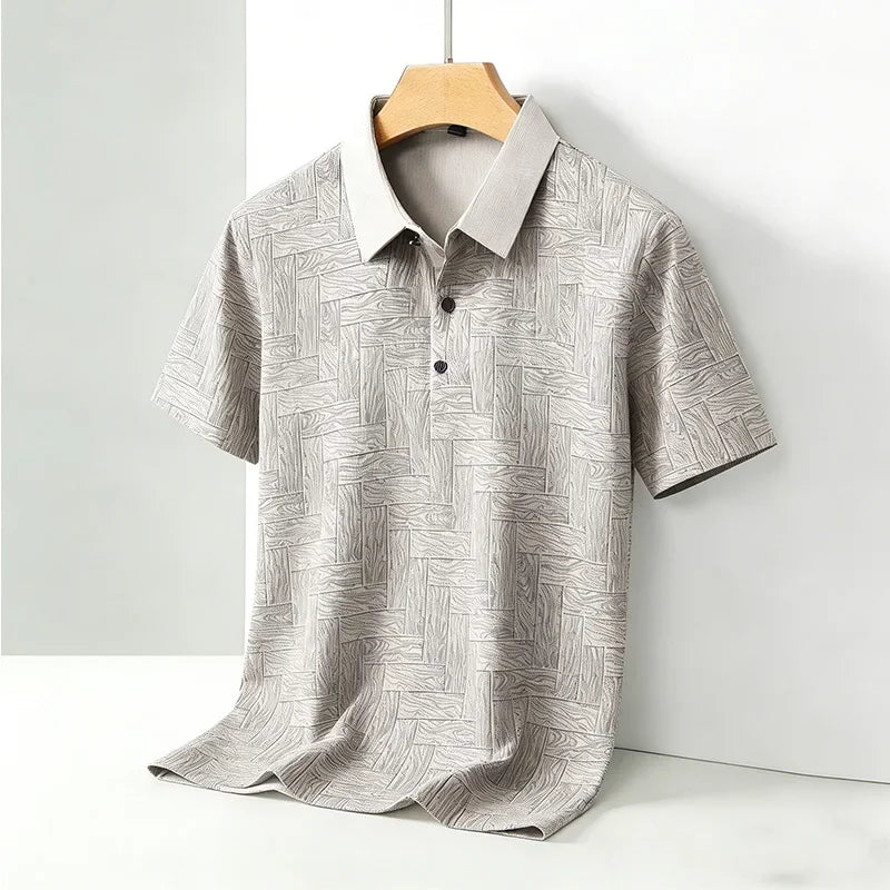 Men's Comfortable Short Sleeve Polo Shirt Weave Pattern Contrast Collar Design 2026 Casual Daily Office Fashion Top