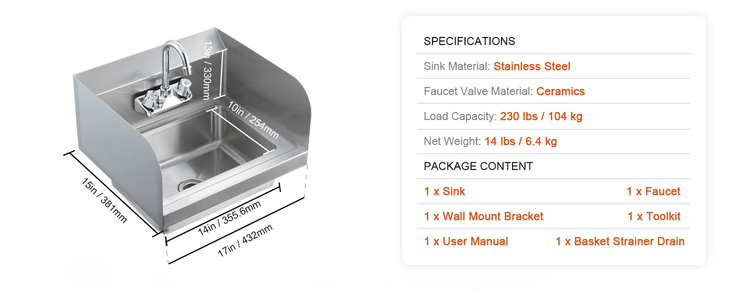 SucceBuy Commercial Hand Sink with Faucet and Side Splash Stainless Steel Sink for Washing Wall Mount Hand Basin for Restaurant