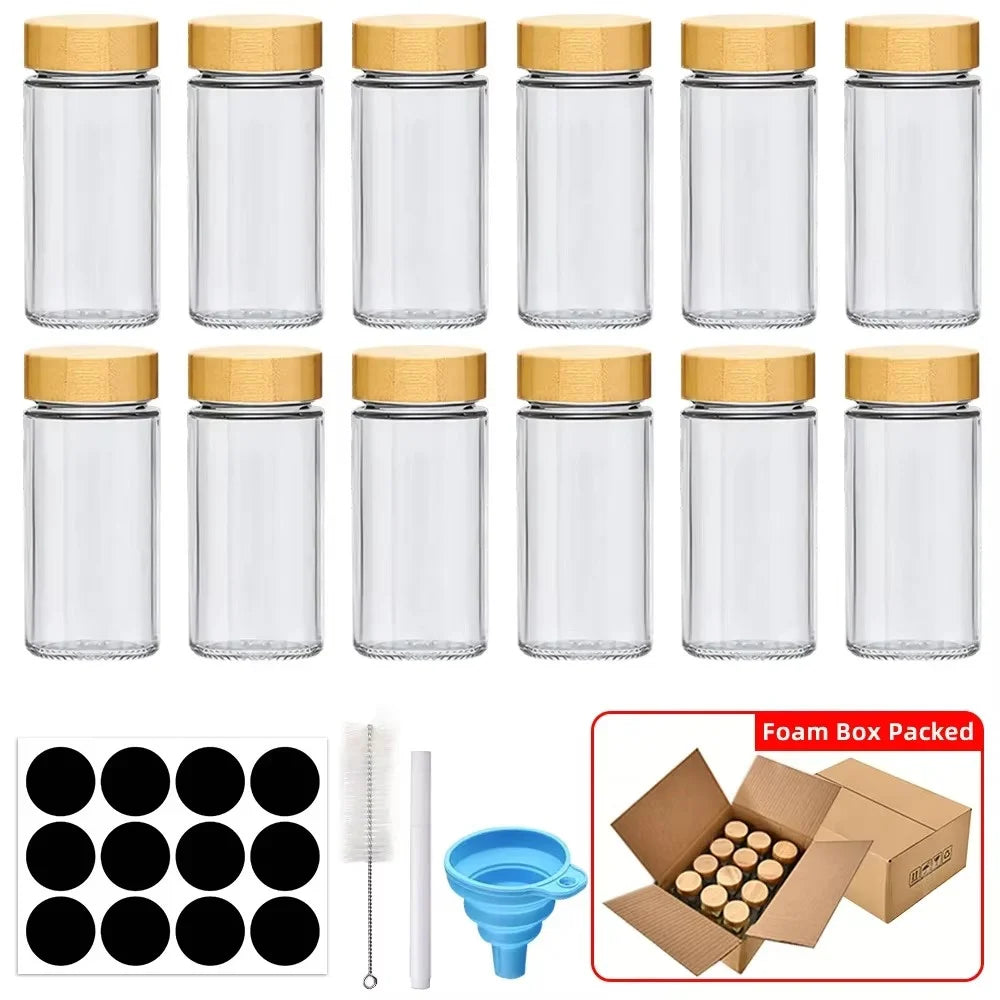 6/12/24pcs Glass Spice Jars with Bamboo Lids Or Metal Lids Include Minimalist Spice Labels Stickers Collapsible Funnel Jar Set